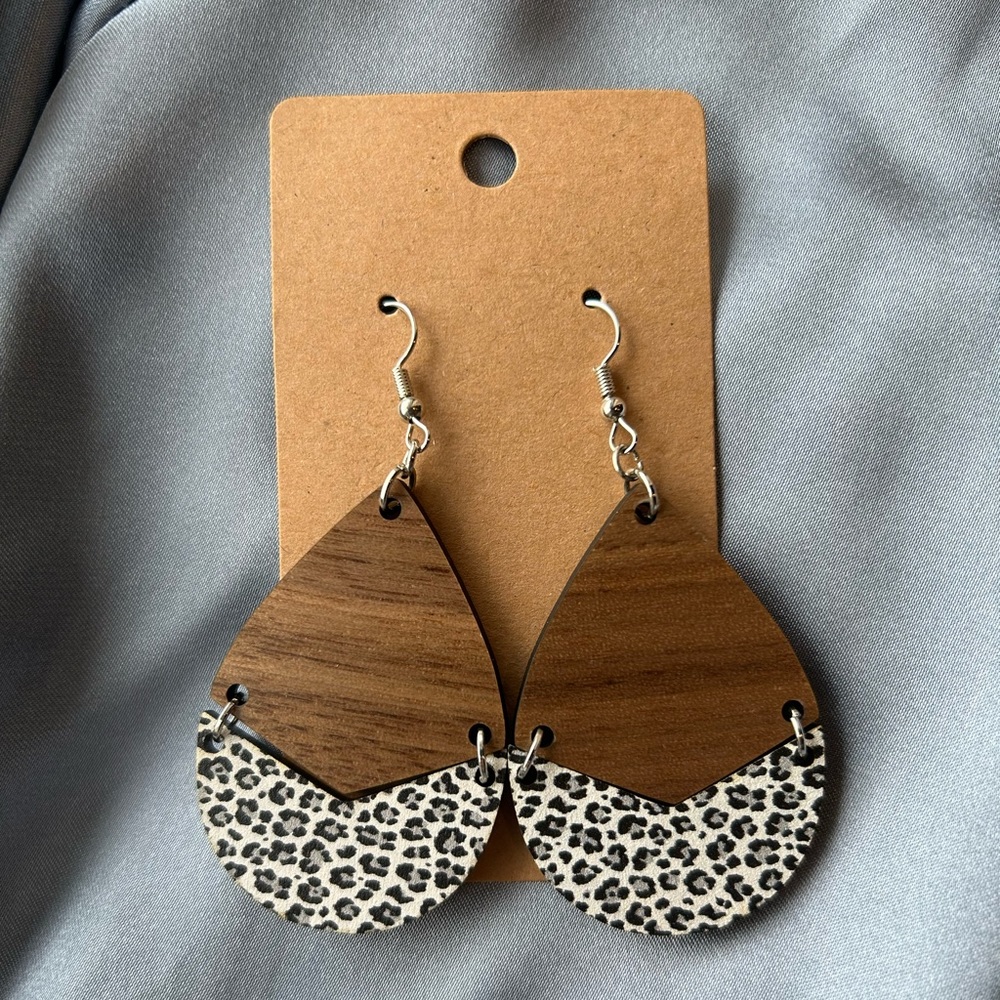 Leopard print and wood earrings with sliver hooks